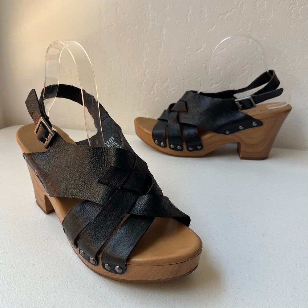 Korks Berengo Leather Clog Sandals Size 10 Black Studded Wood Slingback Platform